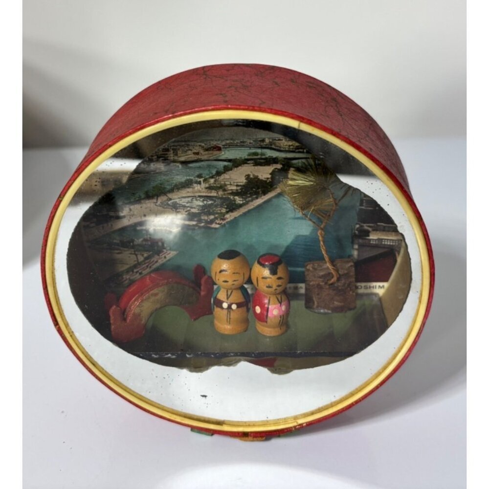 Vtg Japanese Round Diorama Box Kokeshi Figures‎ Mirror Wooden